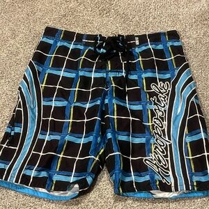 Aeropostale Men's Black and Blue Checkered Swim Shorts